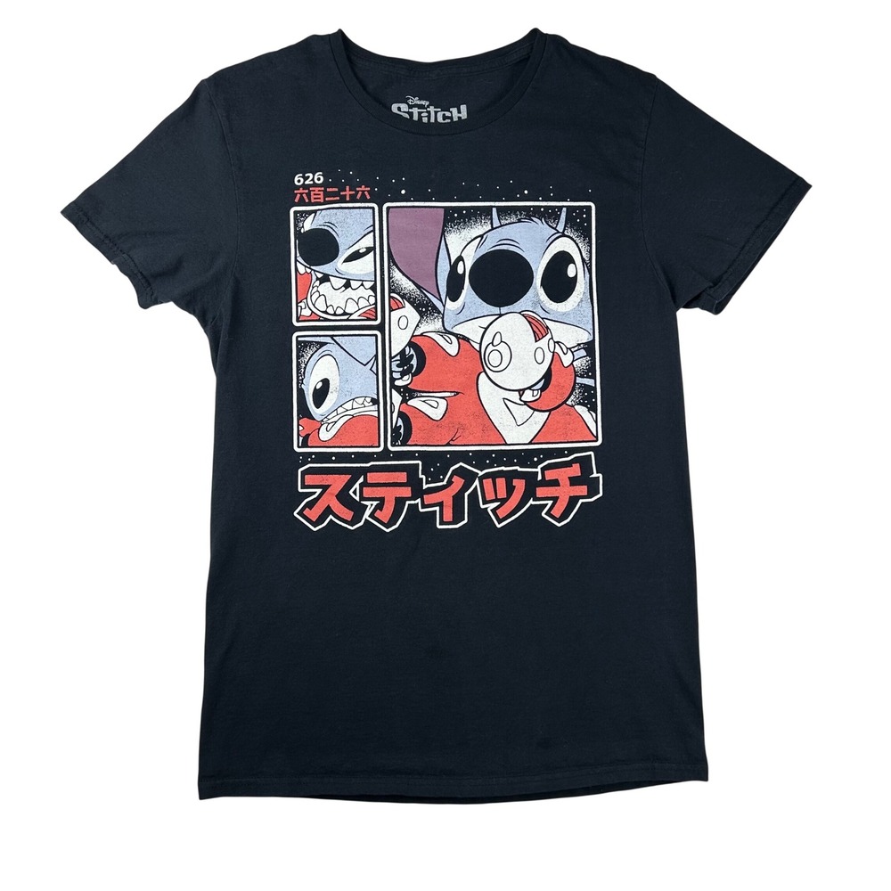 Disney‎ Stitch Manga Graphic T-Shirt Black Small 626 Anime Katakana Mad Engine